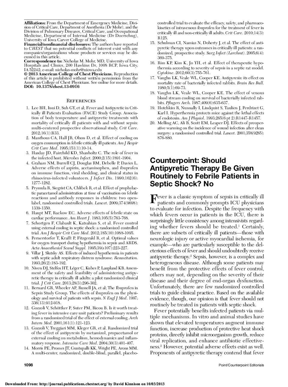 عکس صفحه اول مقاله: Counterpoint: Should Antipyretic Therapy Be Given Routinely to Febrile Patients in Septic Shock? No Counterpoint: Should Antipyretic Therapy Be Given Routinely to Febrile Patients in Septic Shock? No