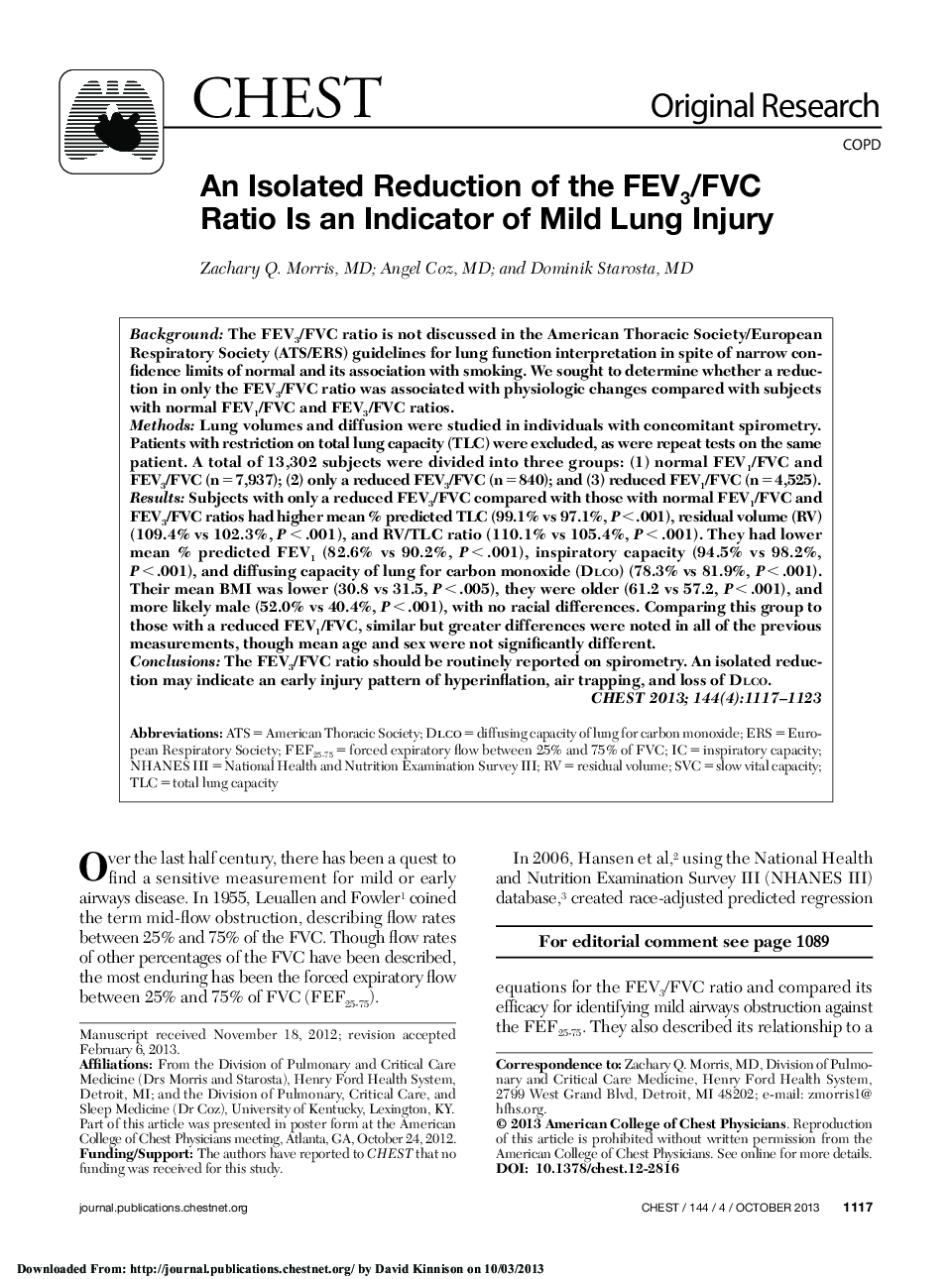 عکس صفحه اول مقاله: Original ResearchCOPDAn Isolated Reduction of the FEV3/FVC Ratio Is an Indicator of Mild Lung Injury Original ResearchCOPDAn Isolated Reduction of the FEV3/FVC Ratio Is an Indicator of Mild Lung Injury