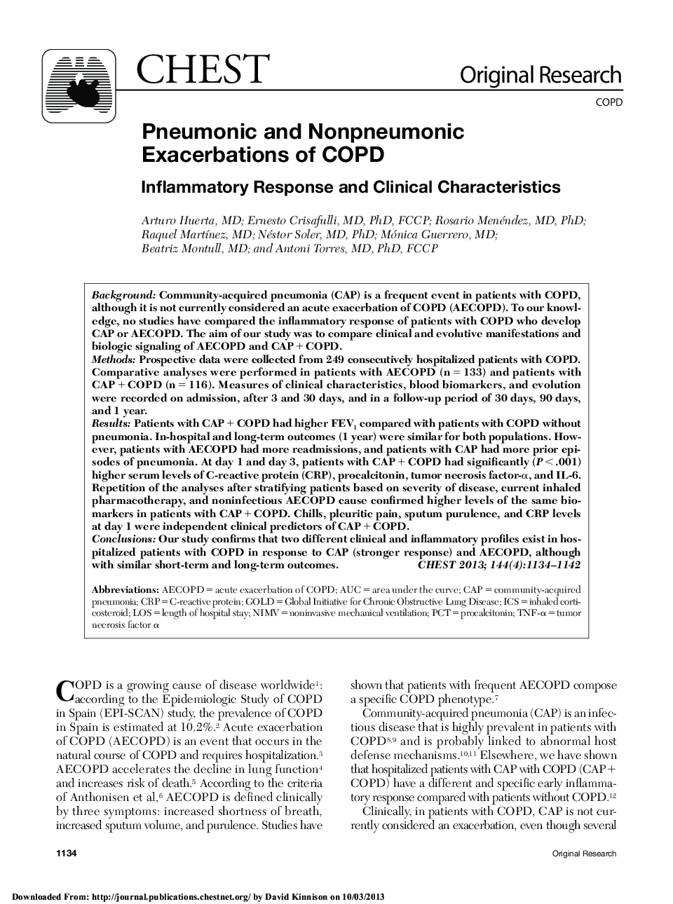 Original ResearchCOPDPneumonic and Nonpneumonic Exacerbations of COPD: Inflammatory Response and Clinical Characteristics