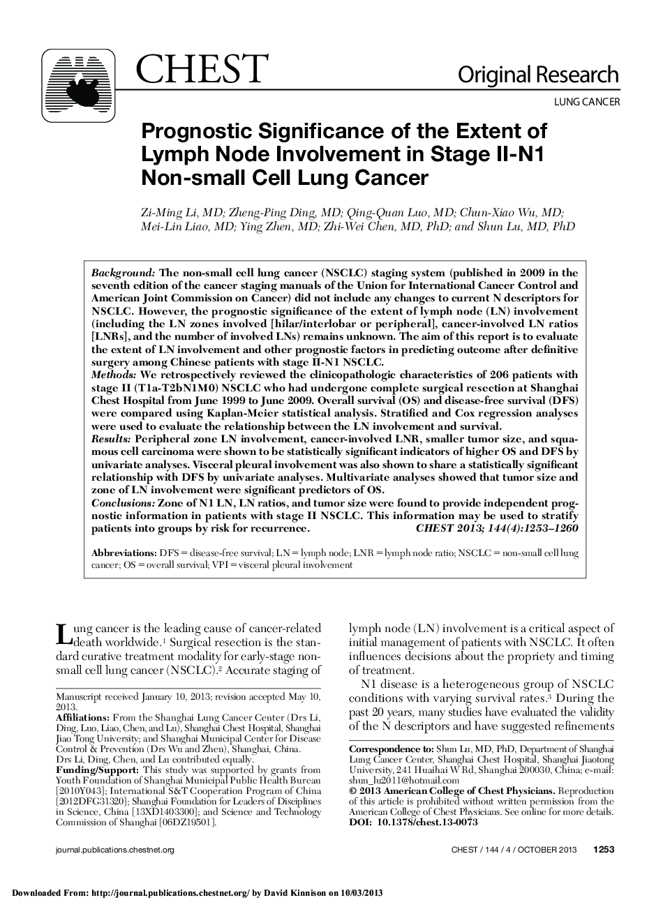 عکس صفحه اول مقاله: Prognostic Significance of the Extent of Lymph Node Involvement in Stage II-N1 Non-small Cell Lung Cancer Prognostic Significance of the Extent of Lymph Node Involvement in Stage II-N1 Non-small Cell Lung Cancer