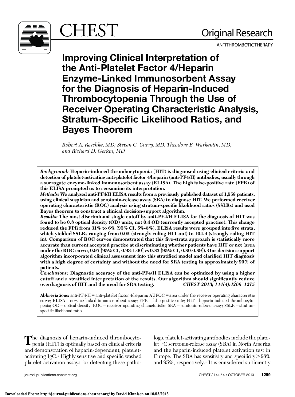 Improving Clinical Interpretation of the Anti-Platelet Factor 4/Heparin Enzyme-Linked Immunosorbent Assay for the Diagnosis of Heparin-Induced Thrombocytopenia Through the Use of Receiver Operating Characteristic Analysis, Stratum-Specific Likelihood Rati
