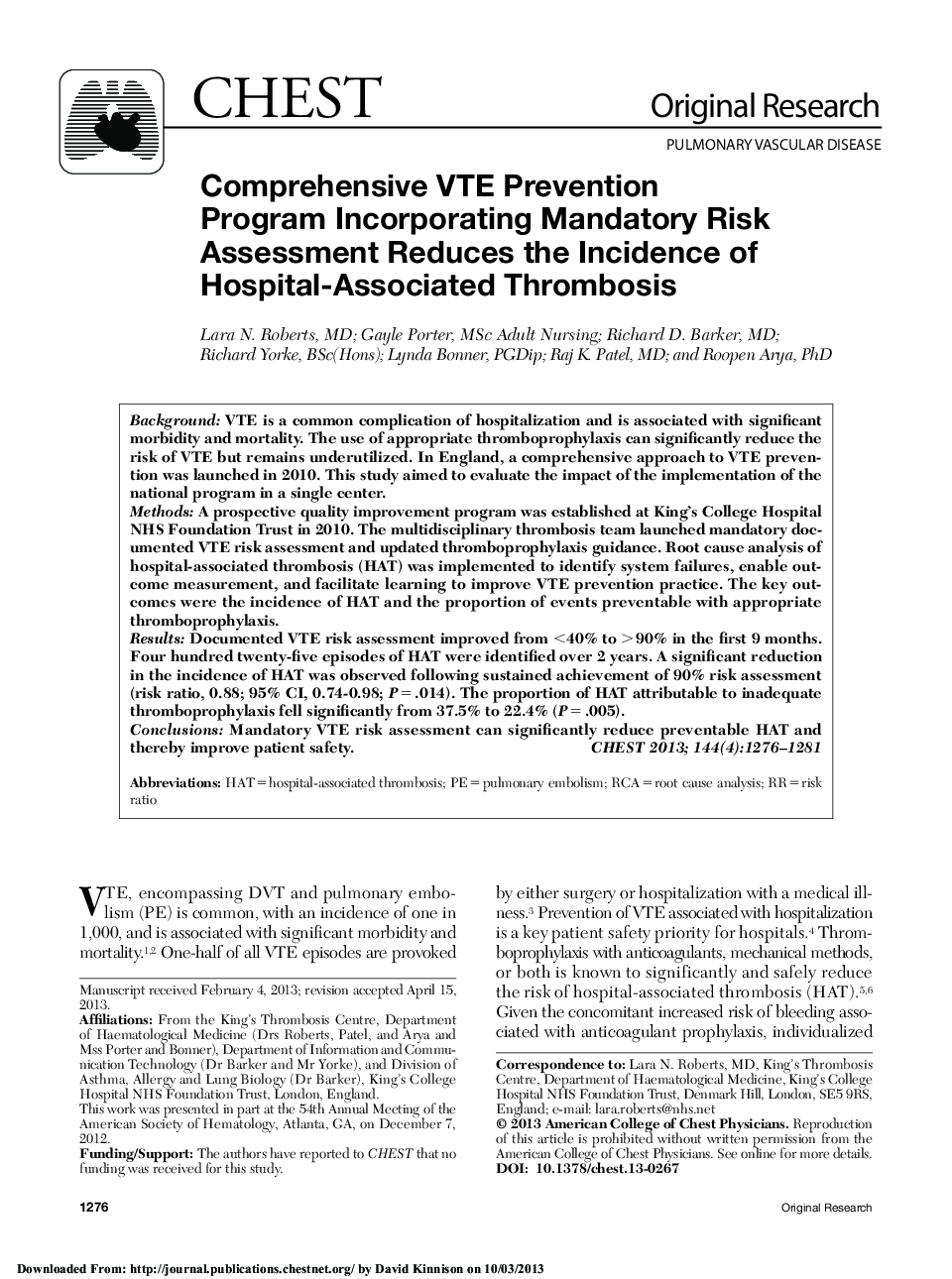 عکس صفحه اول مقاله: Comprehensive VTE Prevention Program Incorporating Mandatory Risk Assessment Reduces the Incidence of Hospital-Associated Thrombosis Comprehensive VTE Prevention Program Incorporating Mandatory Risk Assessment Reduces the Incidence of Hospital-Associated Thrombosis