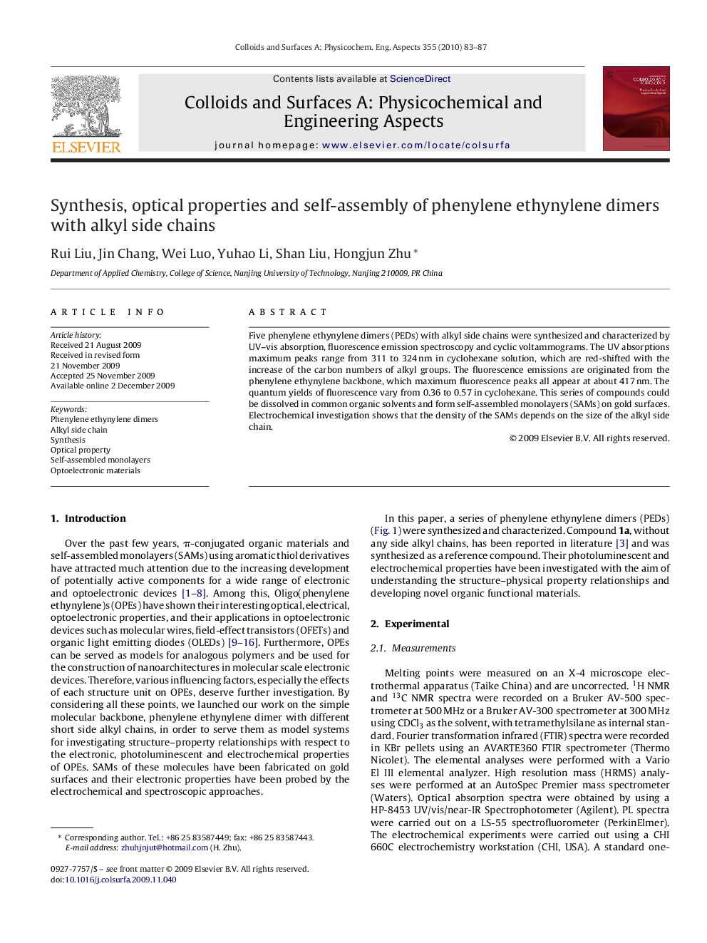 عکس صفحه اول مقاله: Synthesis, optical properties and self-assembly of phenylene ethynylene dimers with alkyl side chains Synthesis, optical properties and self-assembly of phenylene ethynylene dimers with alkyl side chains