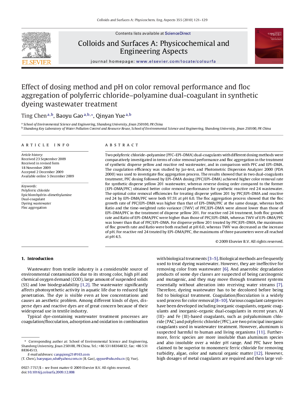 Effect of dosing method and pH on color removal performance and floc aggregation of polyferric chloride–polyamine dual-coagulant in synthetic dyeing wastewater treatment