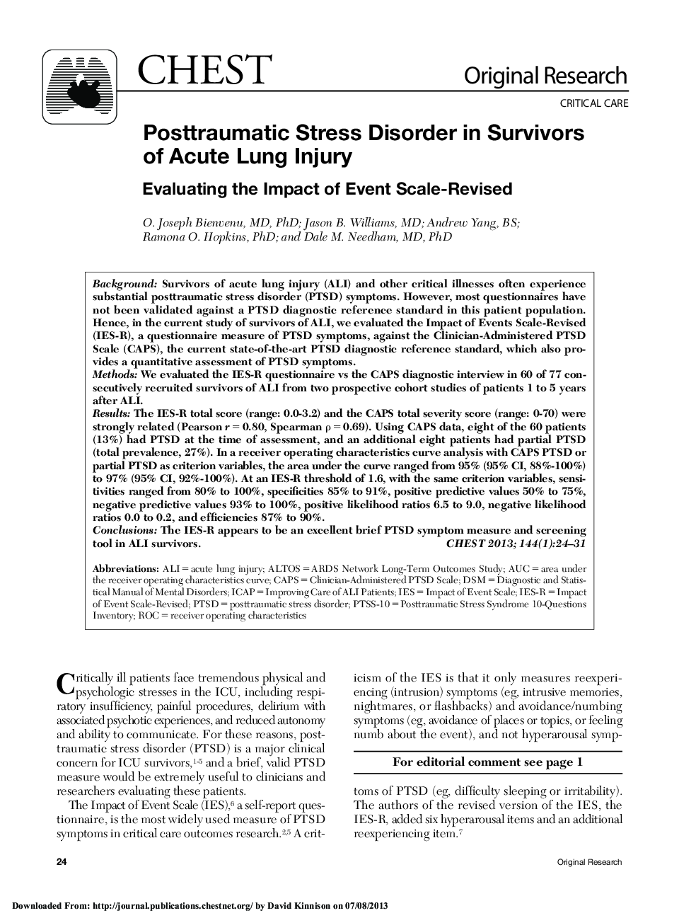 Posttraumatic Stress Disorder in Survivors of Acute Lung Injury