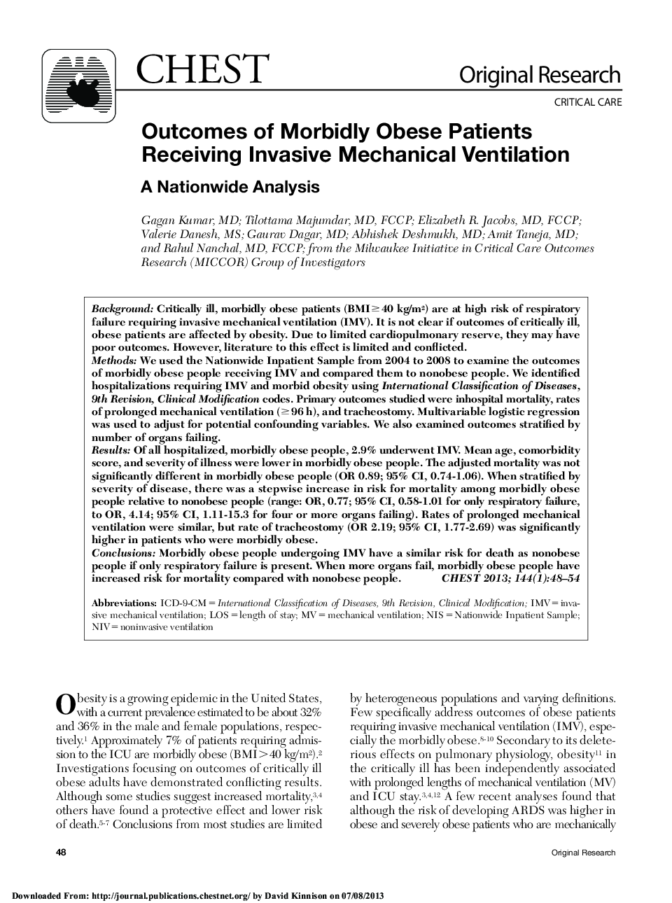 Outcomes of Morbidly Obese Patients Receiving Invasive Mechanical Ventilation