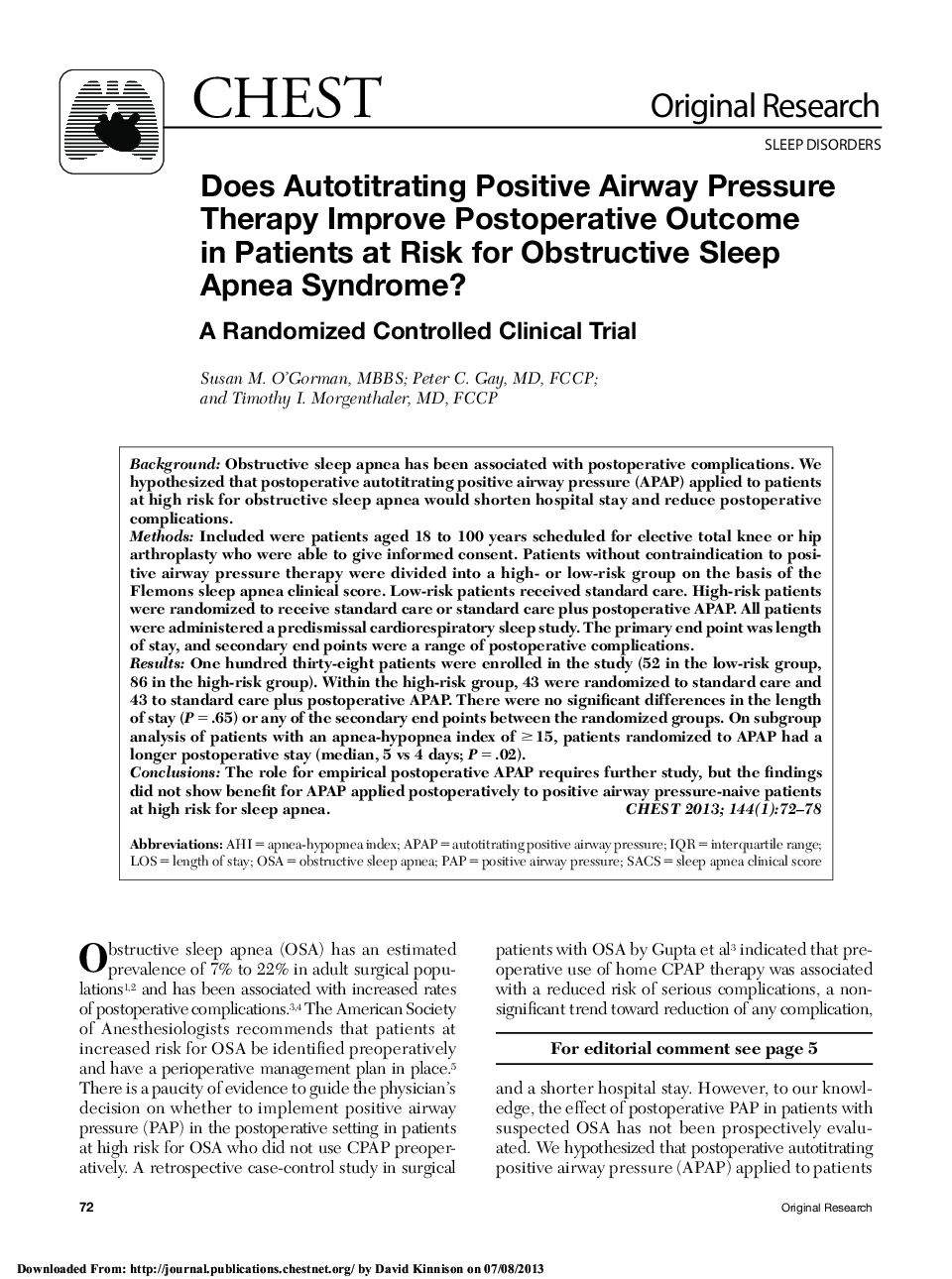Does Autotitrating Positive Airway Pressure Therapy Improve Postoperative Outcome in Patients at Risk for Obstructive Sleep Apnea Syndrome?