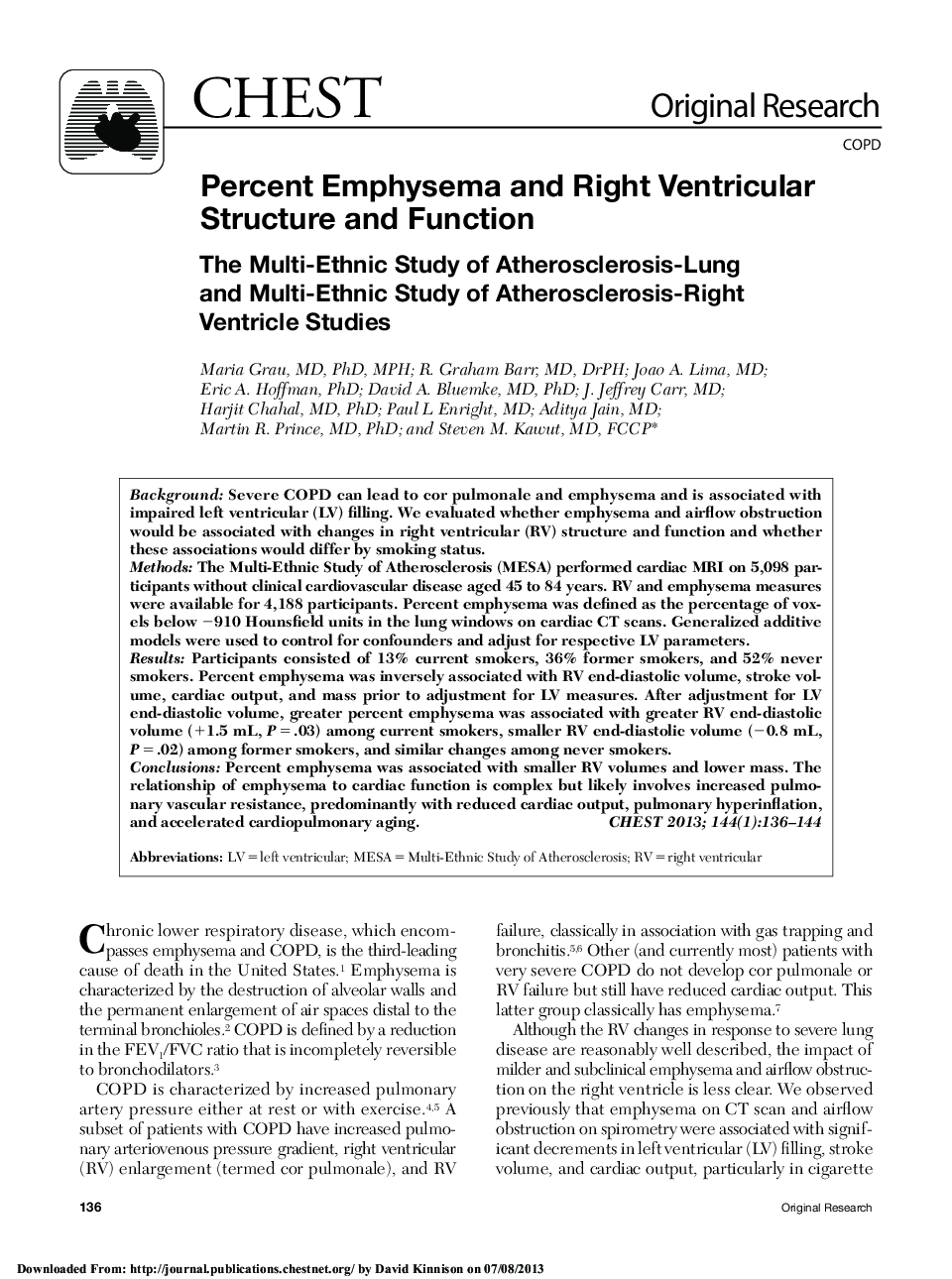 Percent Emphysema and Right Ventricular Structure and Function