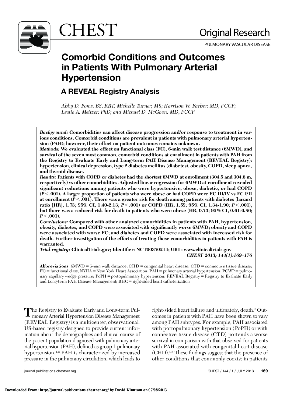 Comorbid Conditions and Outcomes in Patients With Pulmonary Arterial Hypertension