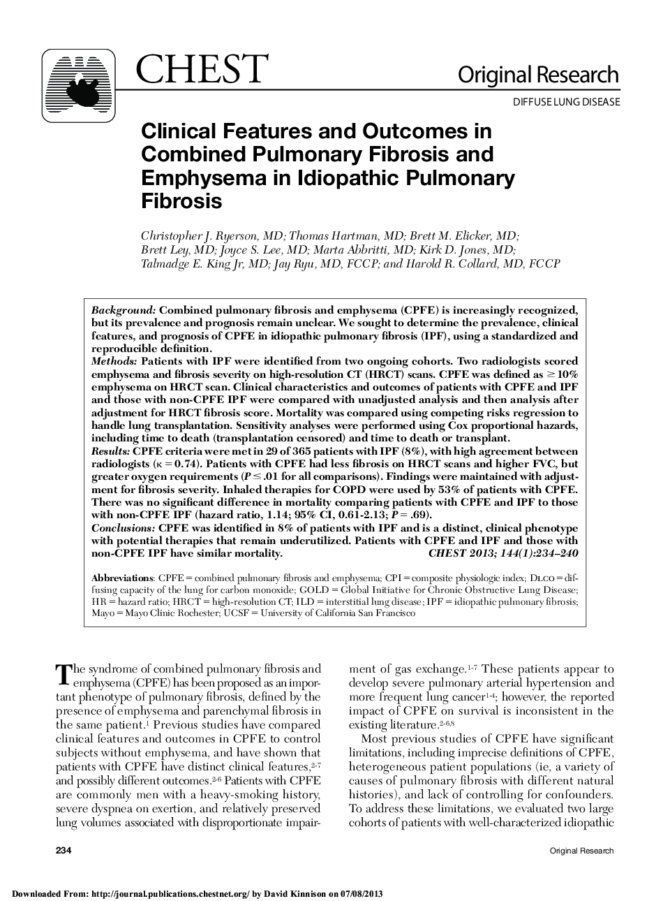 Clinical Features and Outcomes in Combined Pulmonary Fibrosis and Emphysema in Idiopathic Pulmonary Fibrosis