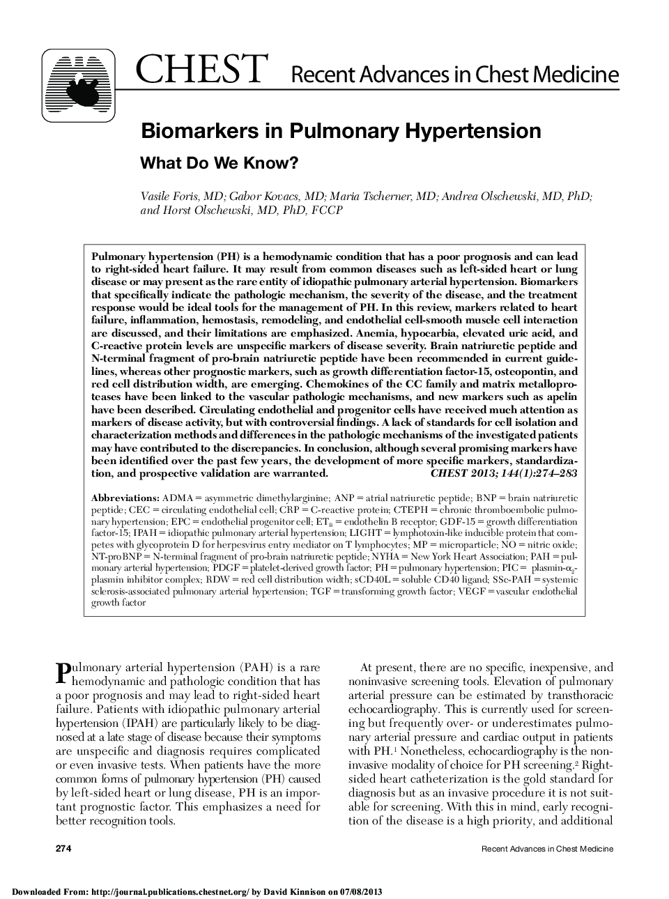 Biomarkers in Pulmonary Hypertension