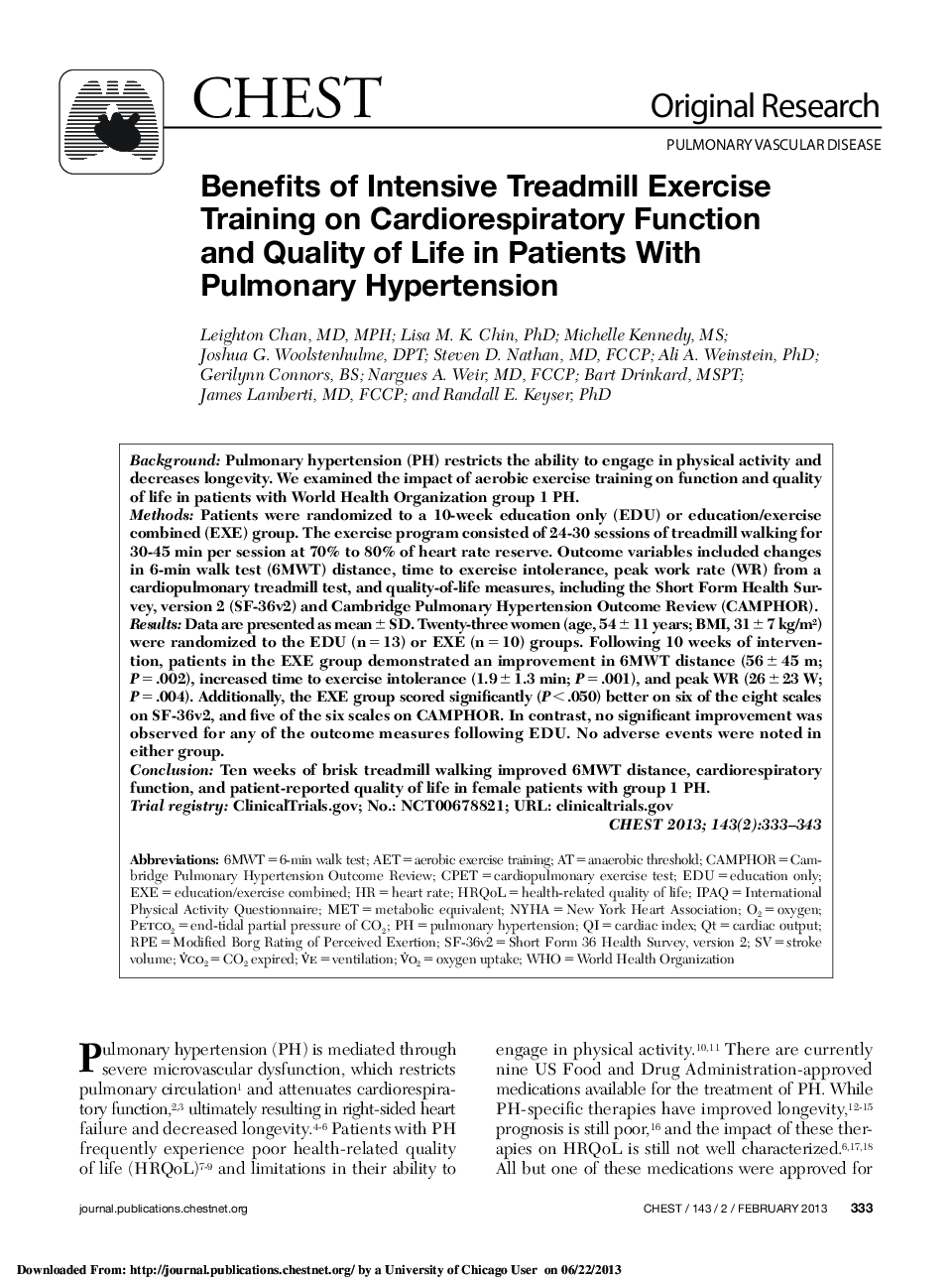 Benefits of Intensive Treadmill Exercise Training on Cardiorespiratory Function and Quality of Life in Patients With Pulmonary Hypertension