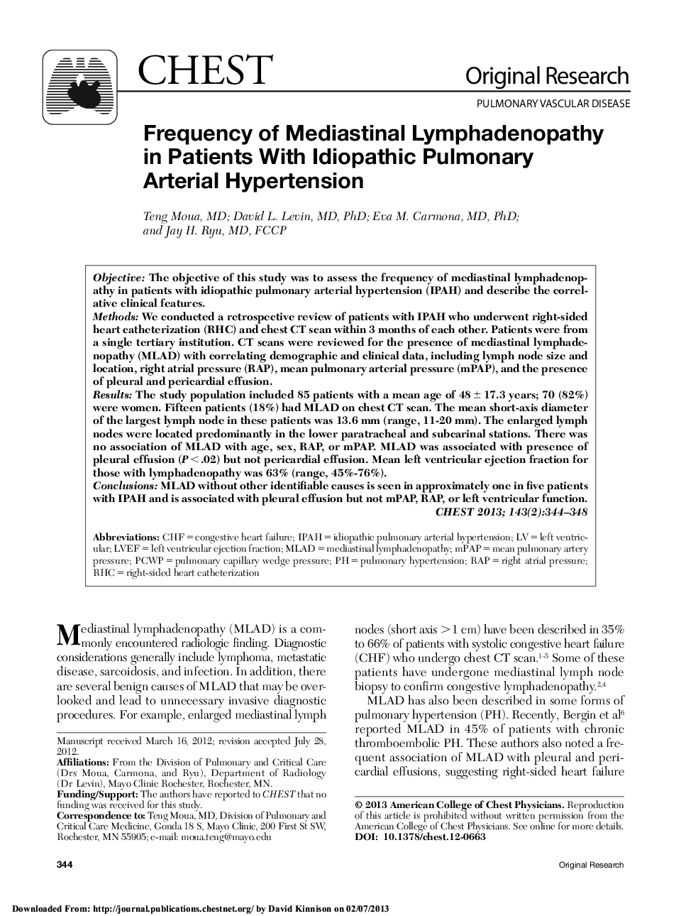 Original ResearchPulmonary Vascular DiseaseFrequency of Mediastinal Lymphadenopathy in Patients With Idiopathic Pulmonary Arterial Hypertension