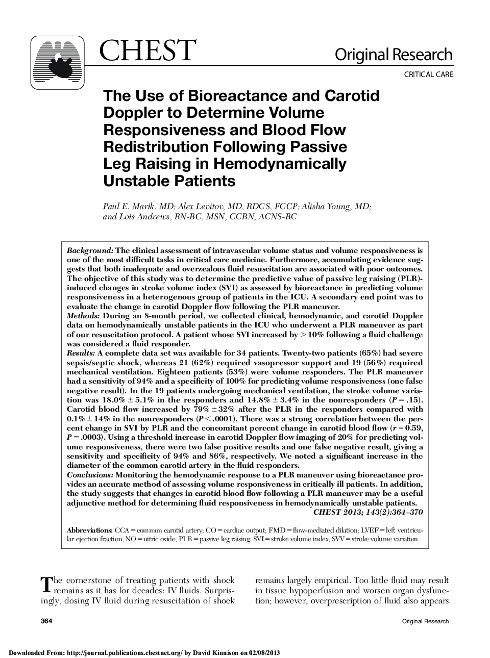 Original ResearchCritical CareThe Use of Bioreactance and Carotid Doppler to Determine Volume Responsiveness and Blood Flow Redistribution Following Passive Leg Raising in Hemodynamically Unstable Patients