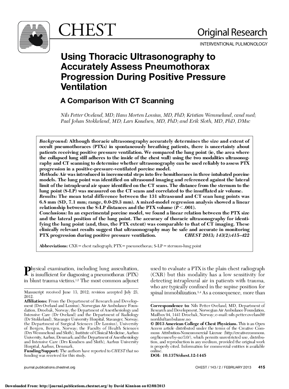 Using Thoracic Ultrasonography to Accurately Assess Pneumothorax Progression During Positive Pressure Ventilation: A Comparison With CT Scanning