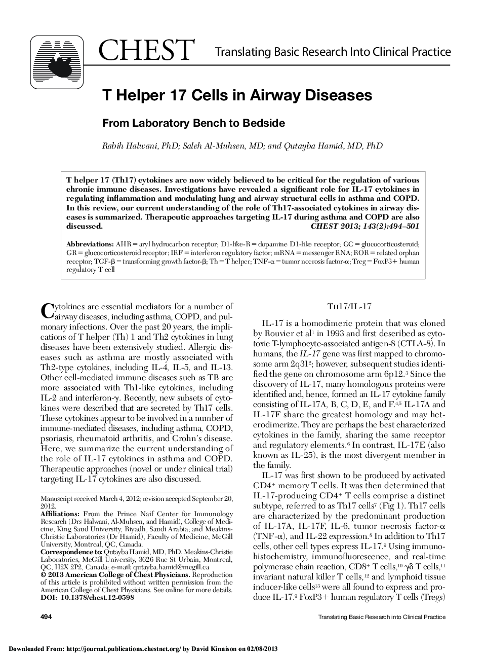 Translating Basic Research into Clinical PracticeT Helper 17 Cells in Airway Diseases: From Laboratory Bench to Bedside