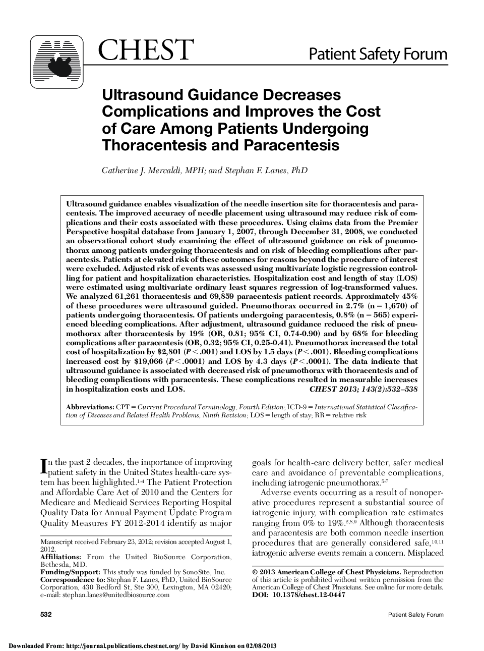 Ultrasound Guidance Decreases Complications and Improves the Cost of Care Among Patients Undergoing Thoracentesis and Paracentesis