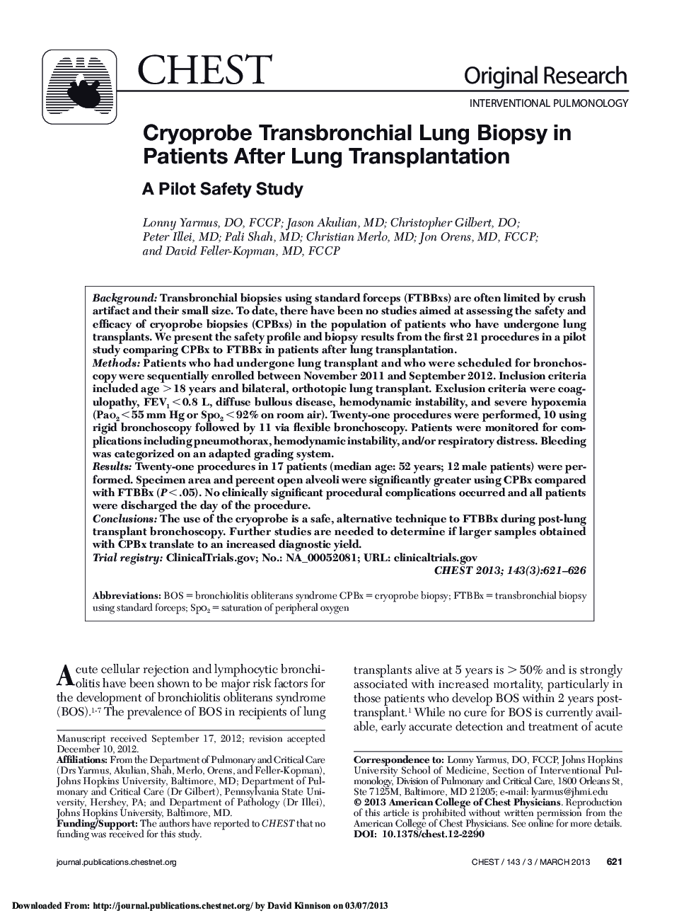 Cryoprobe Transbronchial Lung Biopsy in Patients After Lung Transplantation