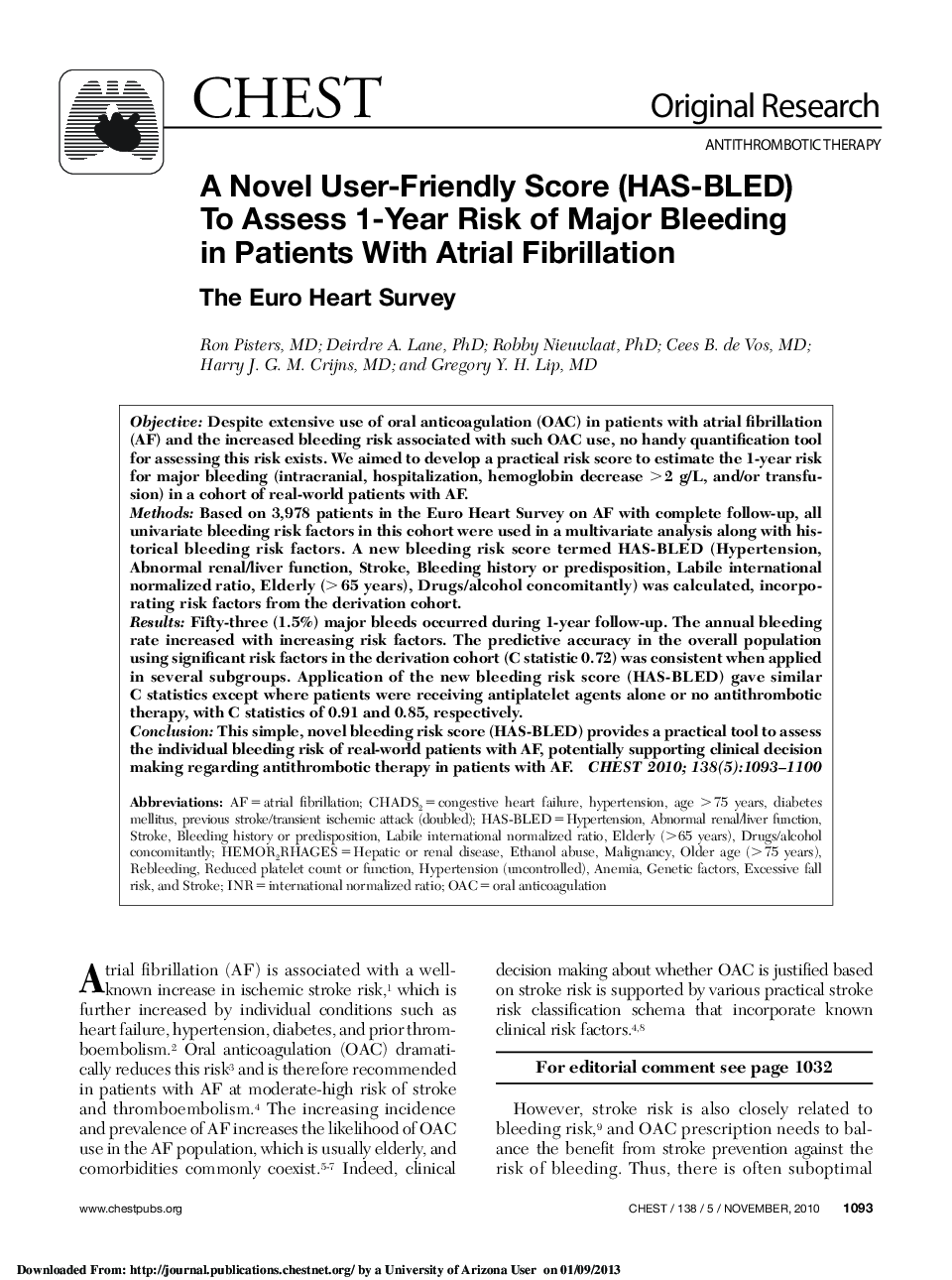 A Novel User-Friendly Score (HAS-BLED) To Assess 1-Year Risk of Major Bleeding in Patients With Atrial Fibrillation