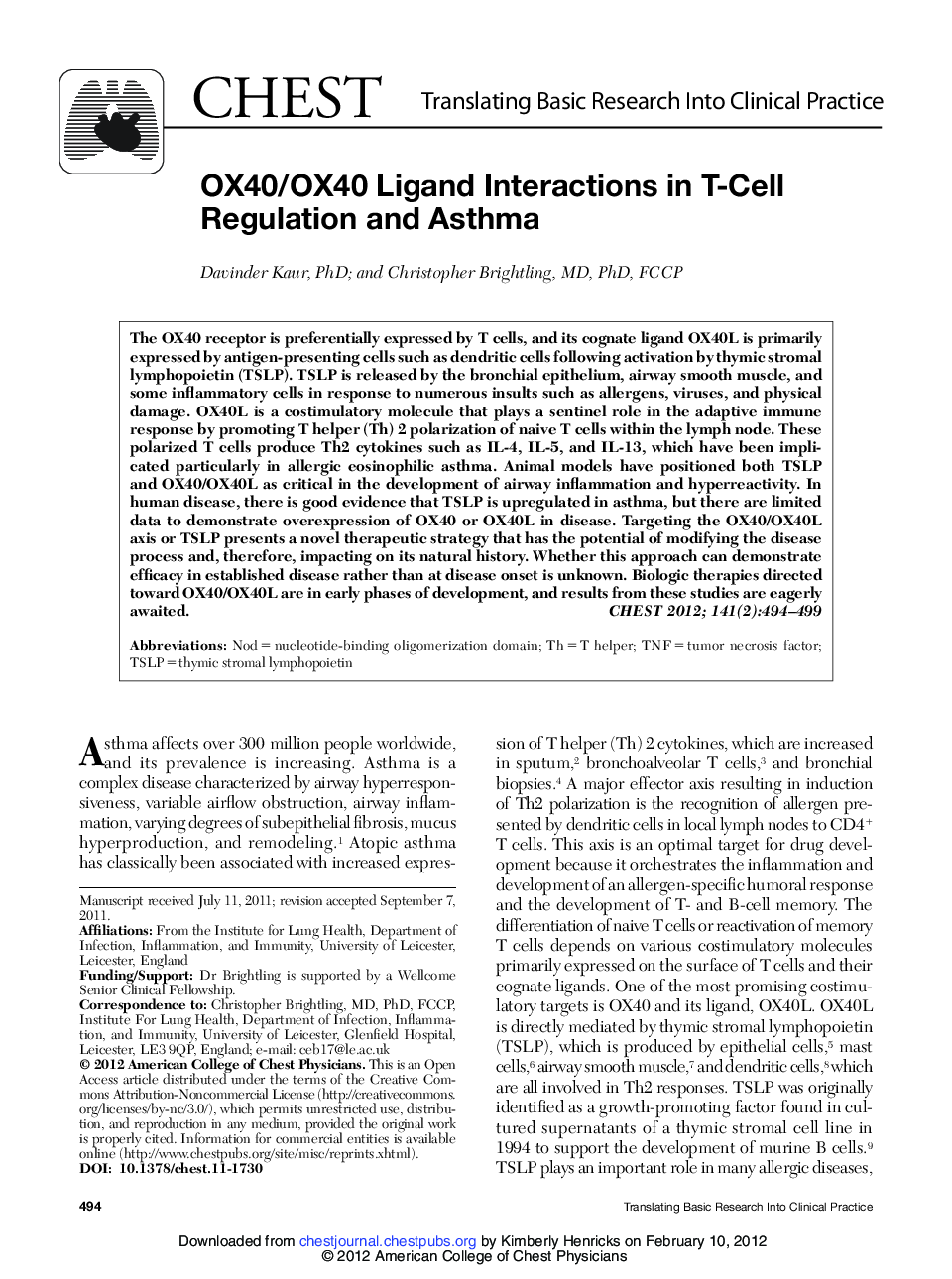 OX40/OX40 Ligand Interactions in T-Cell Regulation and Asthma