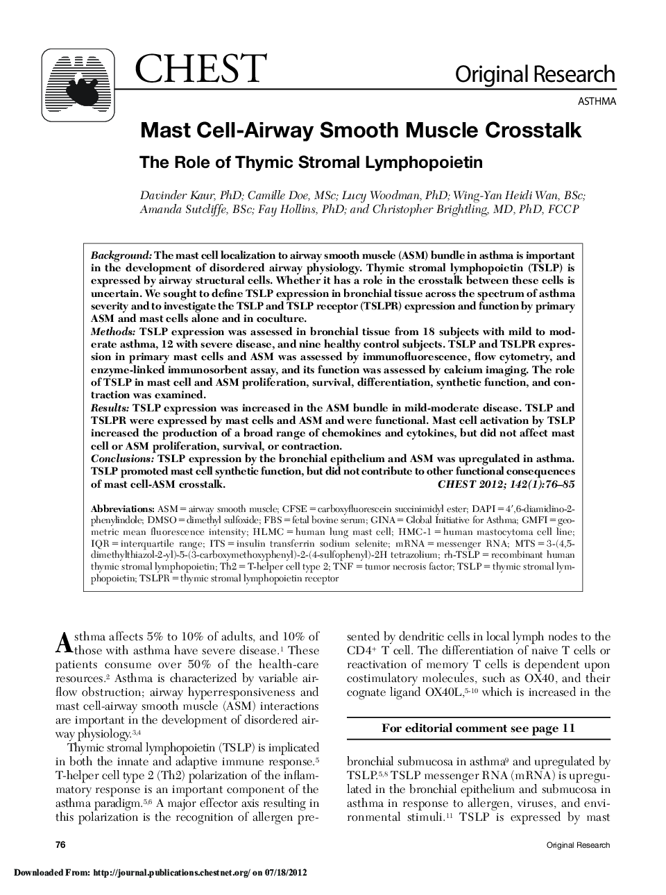 Mast Cell-Airway Smooth Muscle Crosstalk: The Role of Thymic Stromal Lymphopoietin