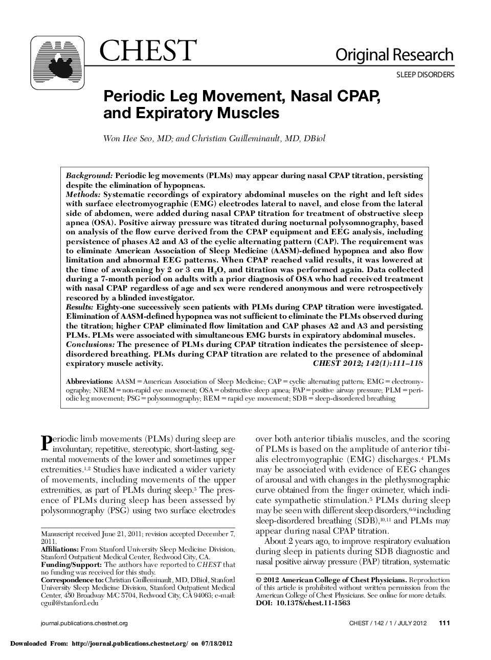Periodic Leg Movement, Nasal CPAP, and Expiratory Muscles