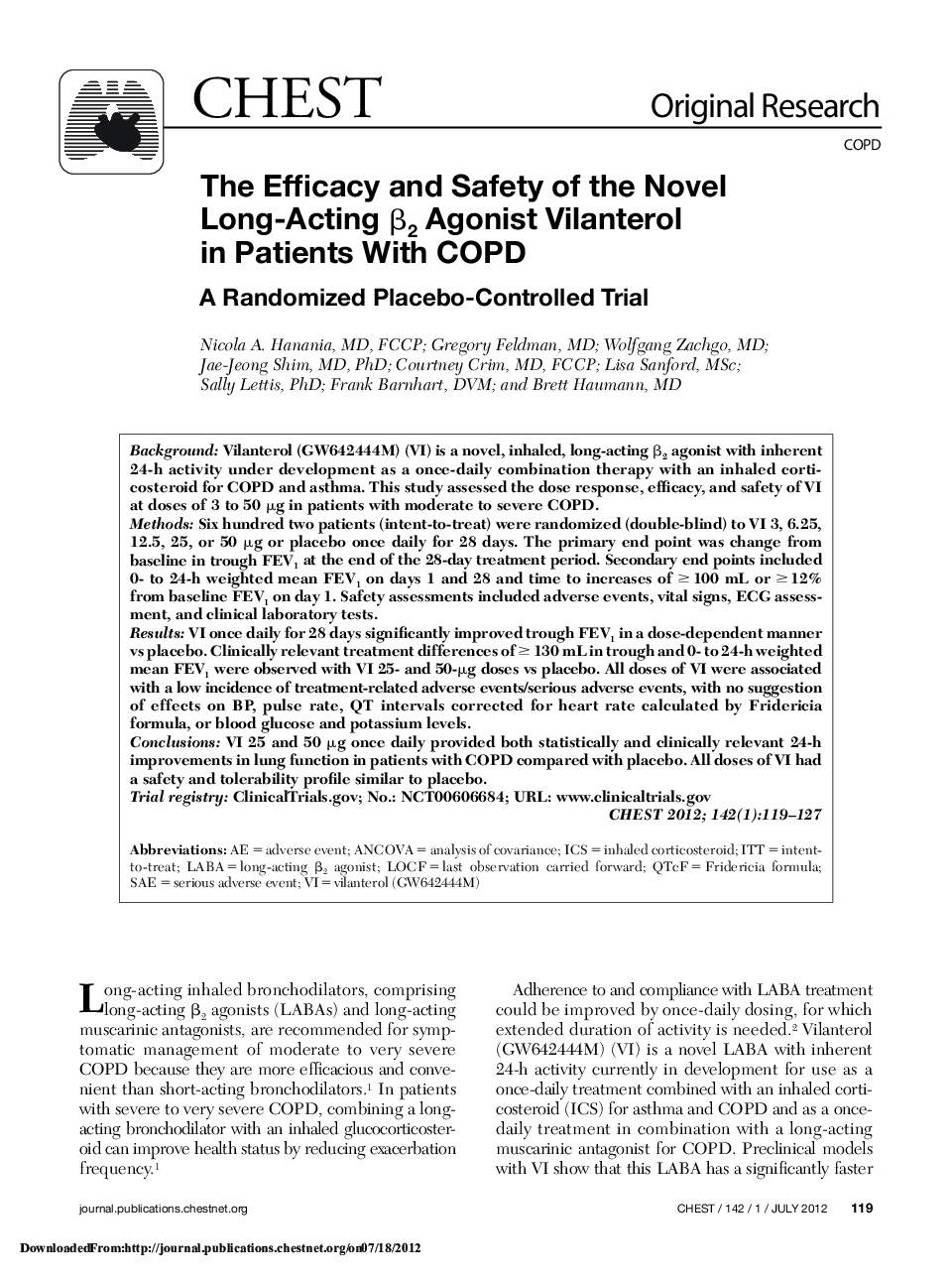 The Efficacy and Safety of the Novel Long-Acting Î²2 Agonist Vilanterol in Patients With COPD