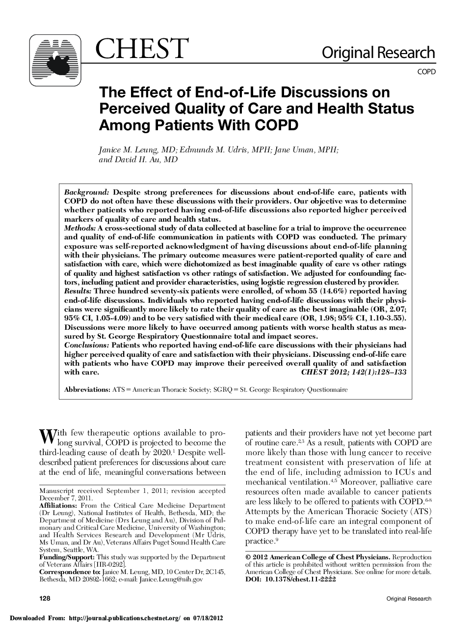 Original ResearchCOPDThe Effect of End-of-Life Discussions on Perceived Quality of Care and Health Status Among Patients With COPD