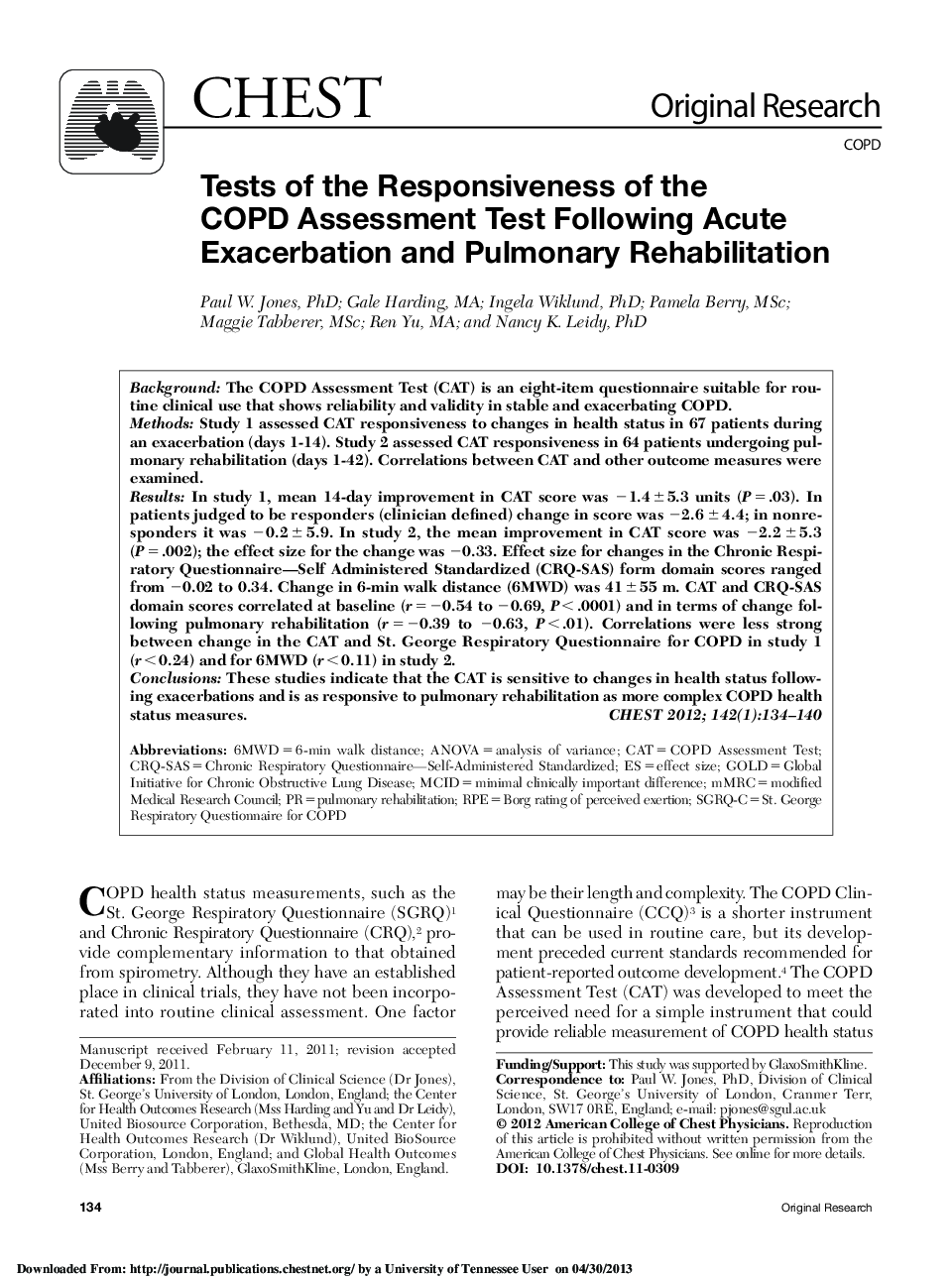 Tests of the Responsiveness of the COPD Assessment Test Following Acute Exacerbation and Pulmonary Rehabilitation