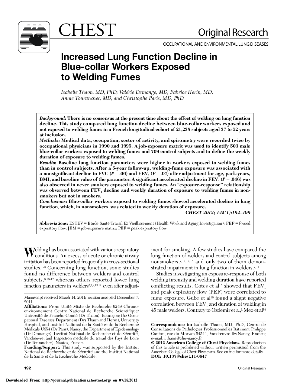 Increased Lung Function Decline in Blue-collar Workers Exposed to Welding Fumes