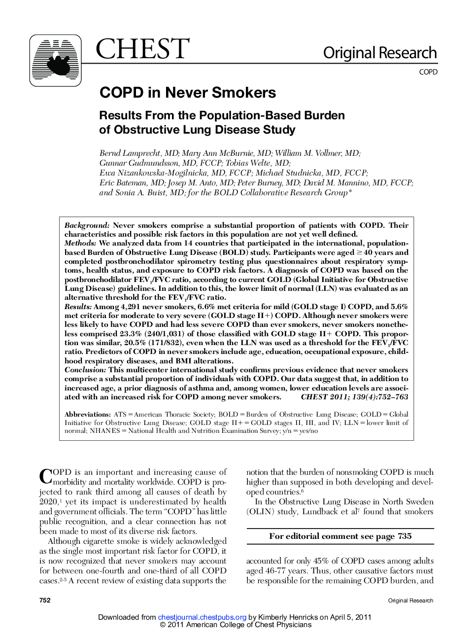 COPD in Never Smokers: Results From the Population-Based Burden of Obstructive Lung Disease Study