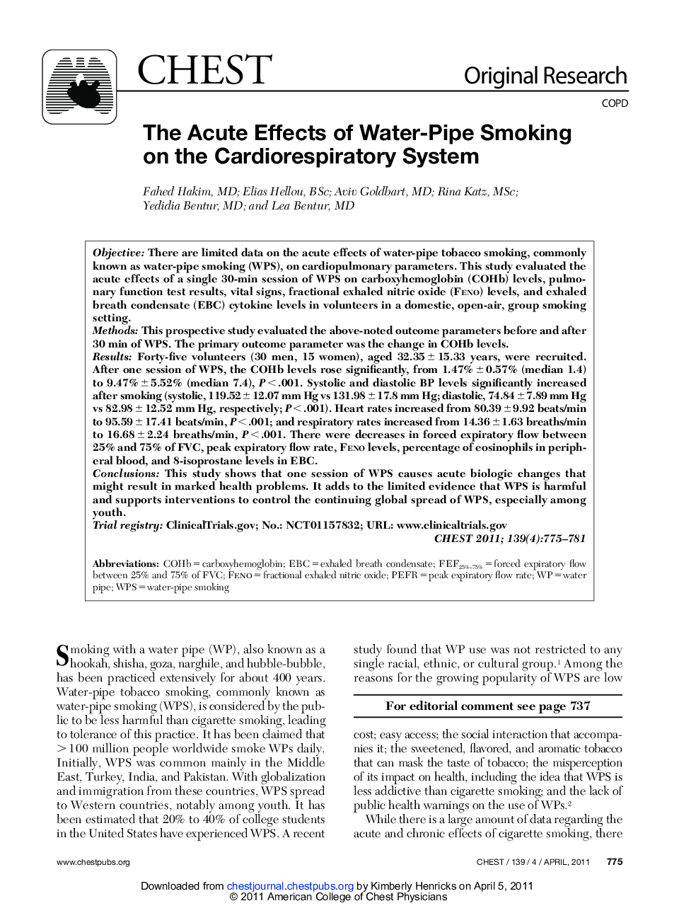 The Acute Effects of Water-Pipe Smoking on the Cardiorespiratory System