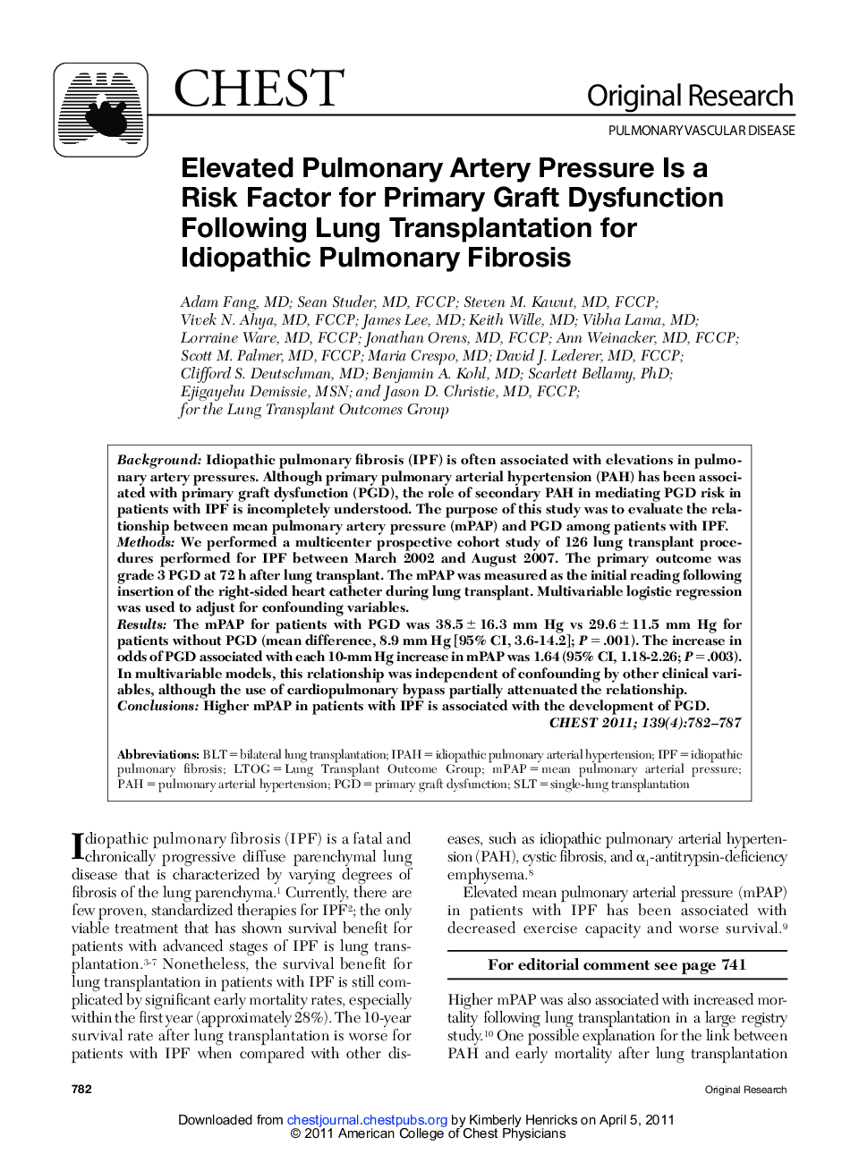 Elevated Pulmonary Artery Pressure Is a Risk Factor for Primary Graft Dysfunction Following Lung Transplantation for Idiopathic Pulmonary Fibrosis