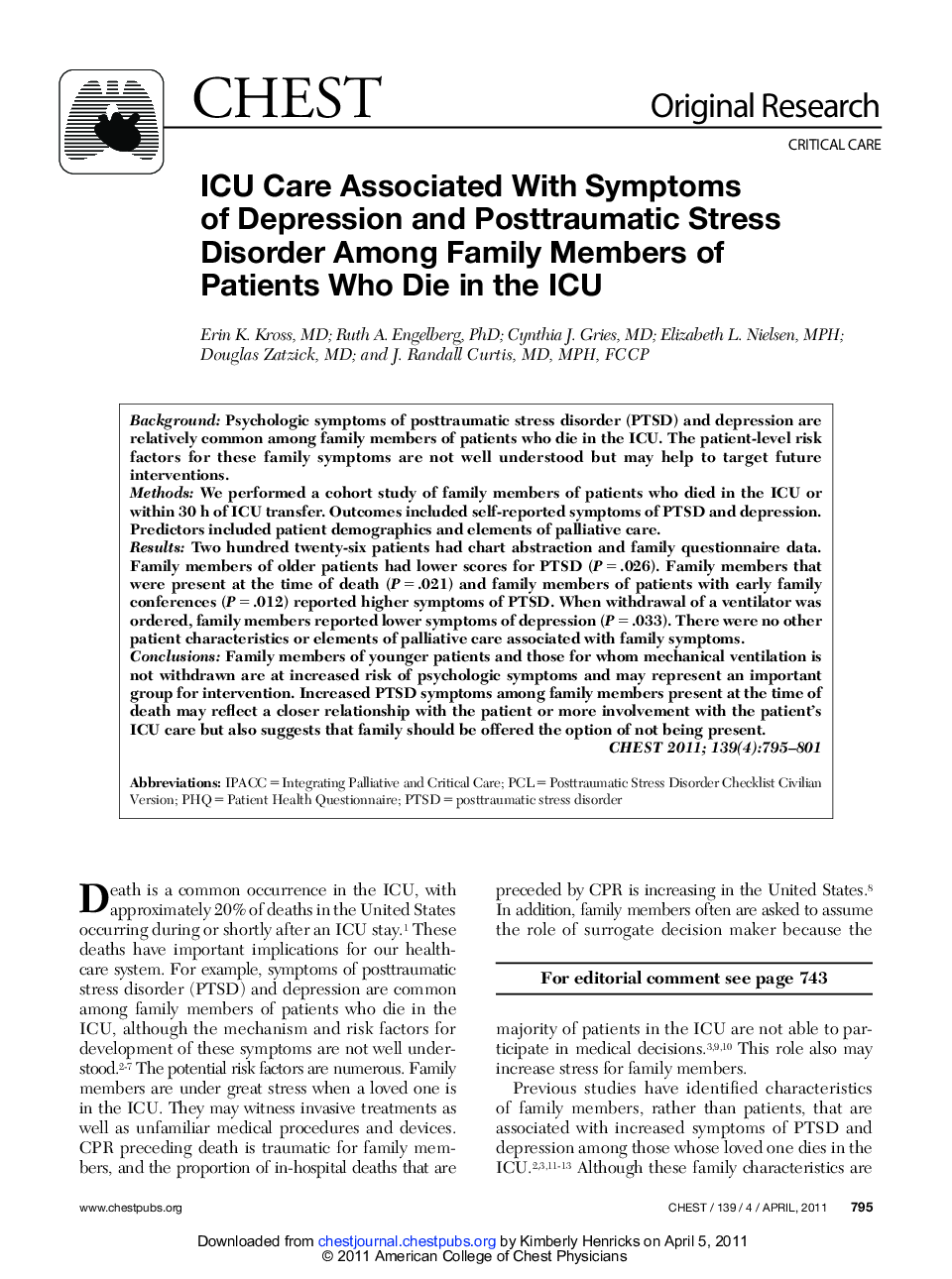 ICU Care Associated With Symptoms of Depression and Posttraumatic Stress Disorder Among Family Members of Patients Who Die in the ICU