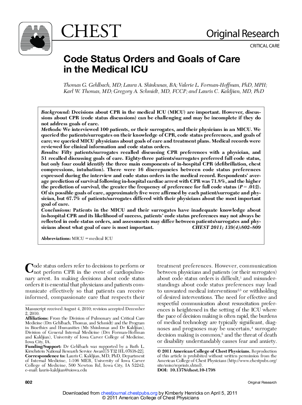 Code Status Orders and Goals of Care in the Medical ICU