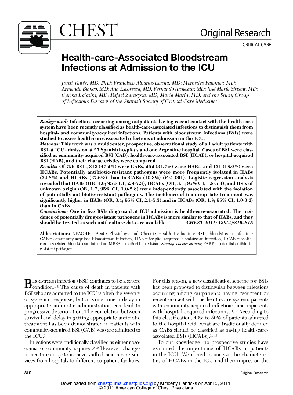 Health-care-Associated Bloodstream Infections at Admission to the ICU