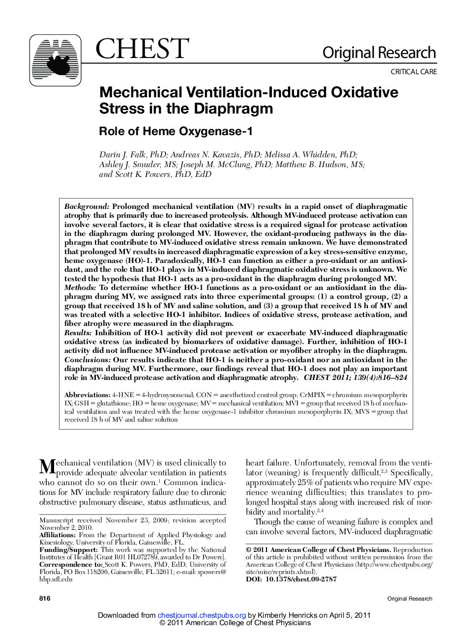 Mechanical Ventilation-Induced Oxidative Stress in the Diaphragm