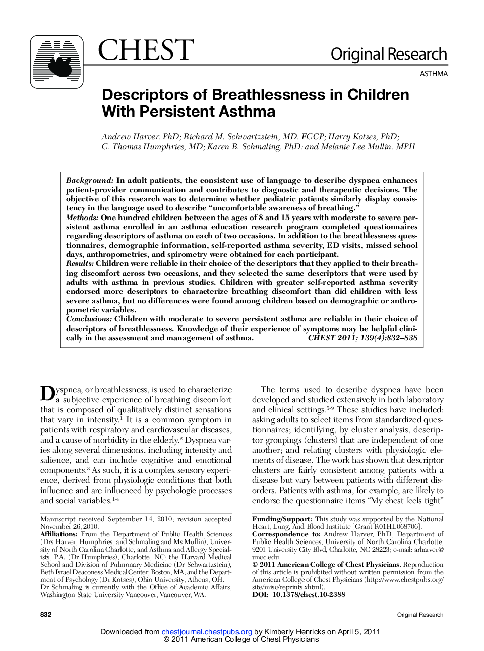 Descriptors of Breathlessness in Children With Persistent Asthma