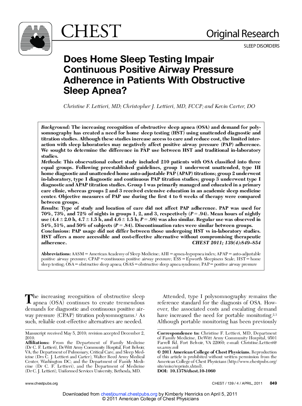 Does Home Sleep Testing Impair Continuous Positive Airway Pressure Adherence in Patients With Obstructive Sleep Apnea?