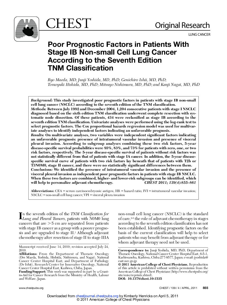 Poor Prognostic Factors in Patients With Stage IB Non-small Cell Lung Cancer According to the Seventh Edition TNM Classification