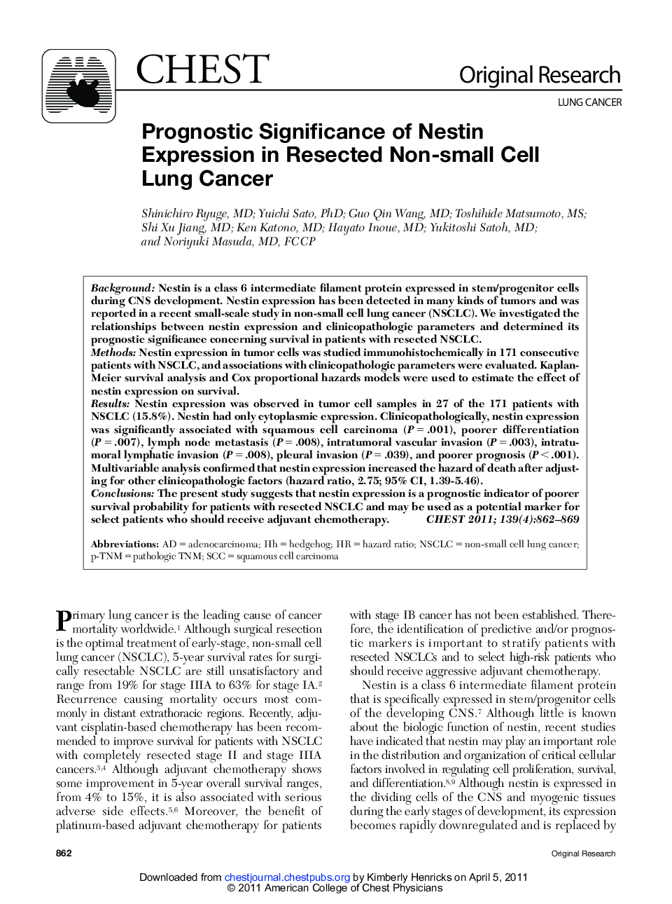 Prognostic Significance of Nestin Expression in Resected Non-small Cell Lung Cancer