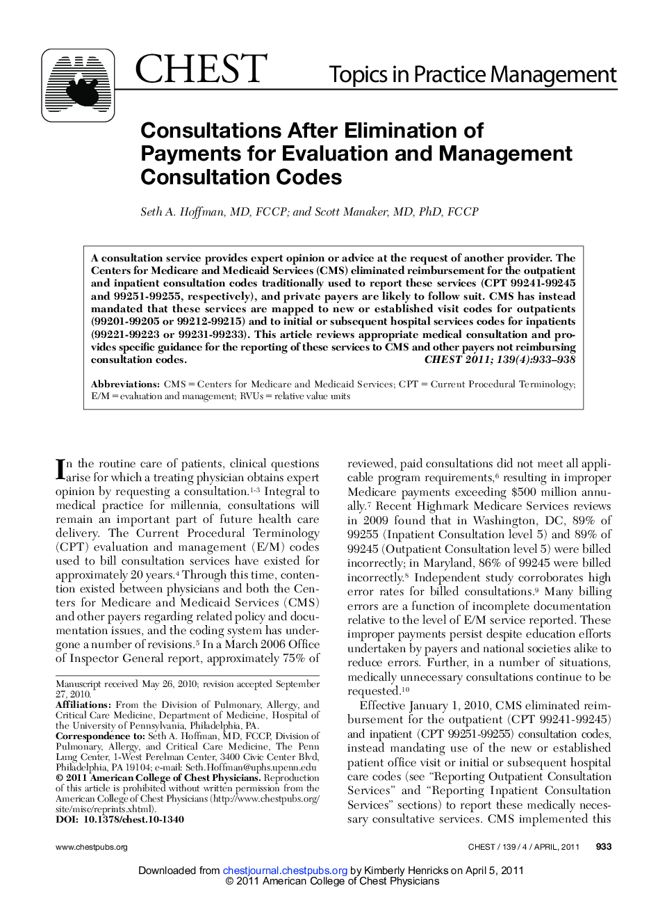 Consultations After Elimination of Payments for Evaluation and Management Consultation Codes