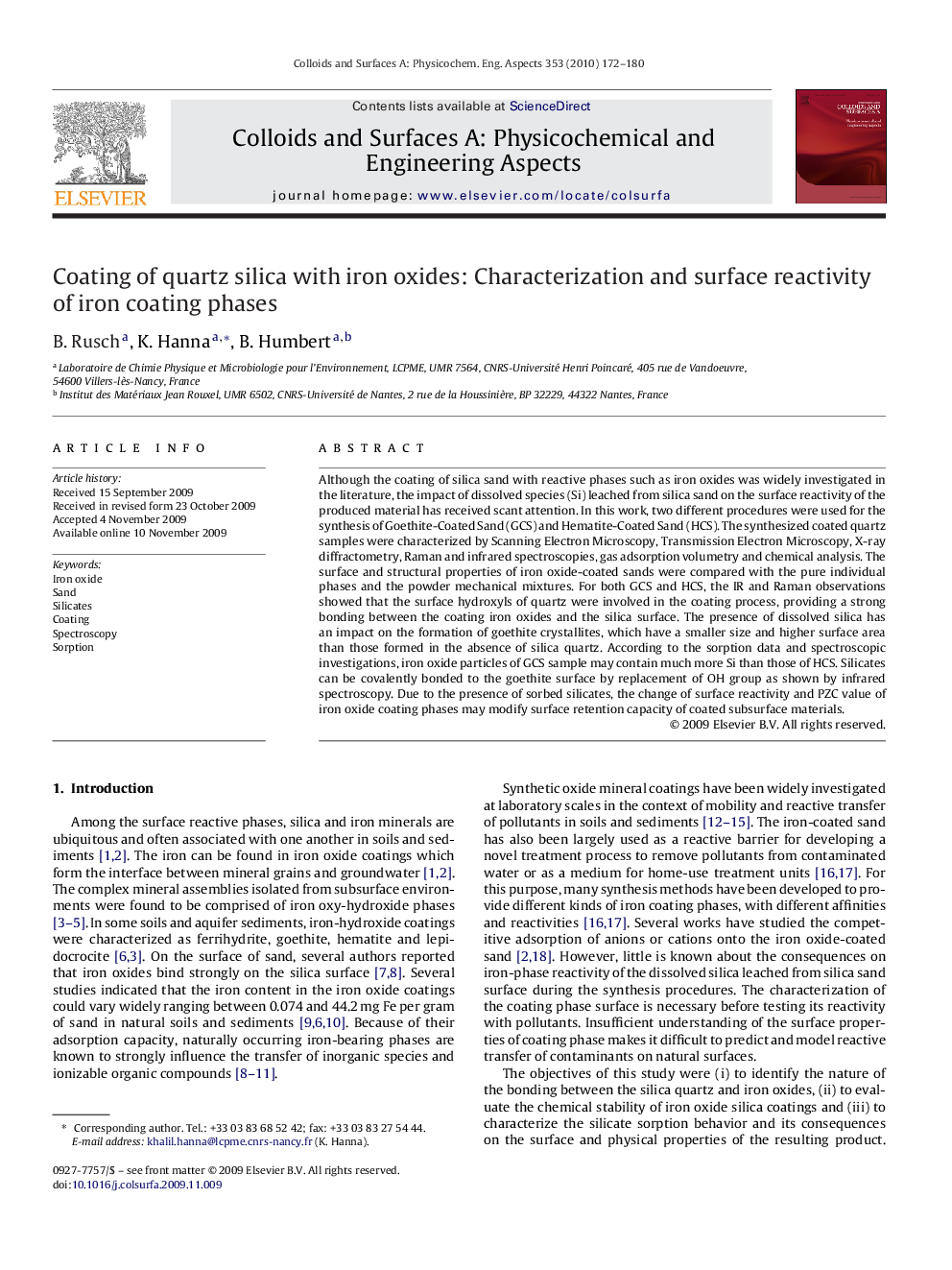 Coating of quartz silica with iron oxides: Characterization and surface reactivity of iron coating phases