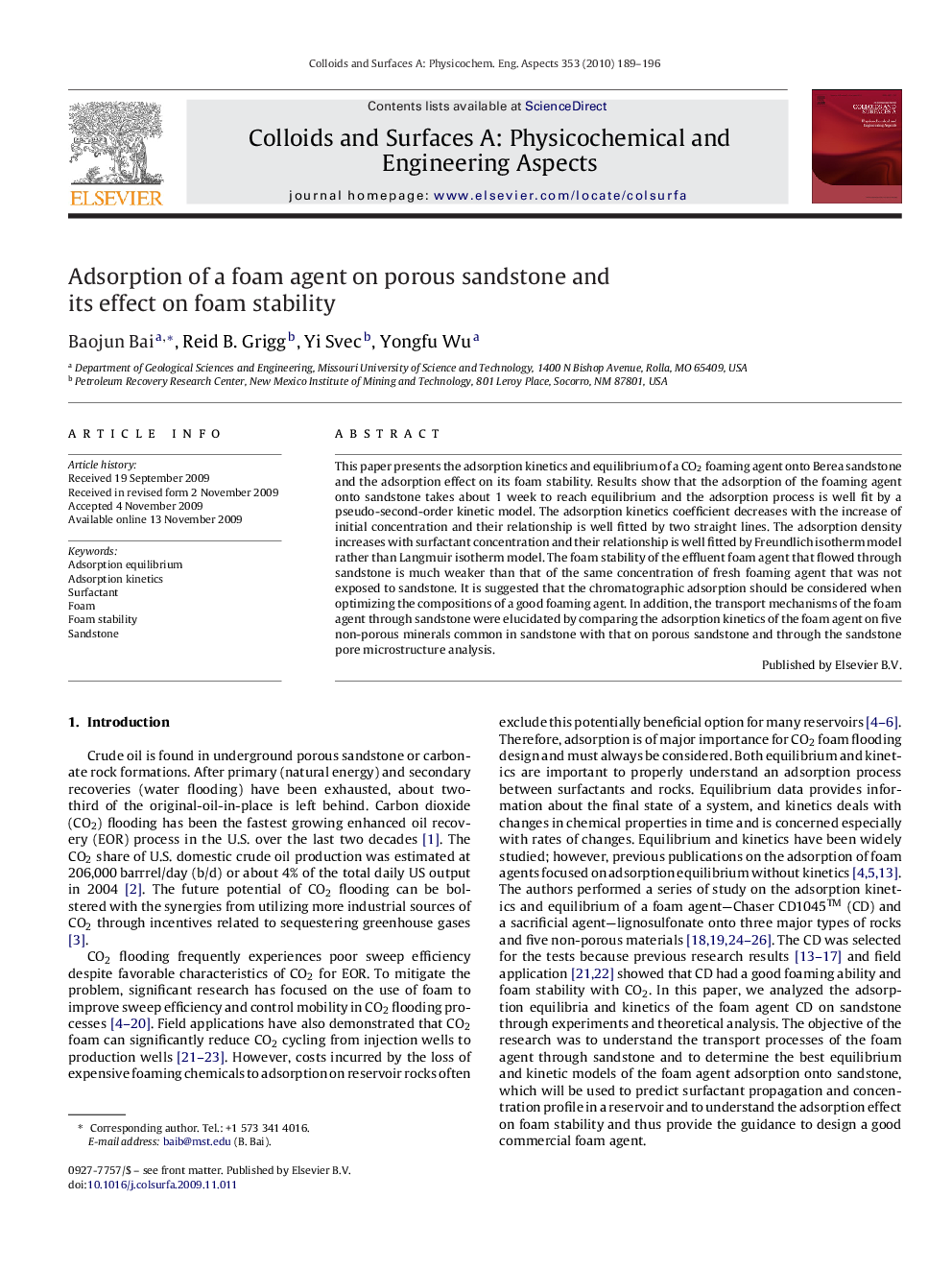 عکس صفحه اول مقاله: Adsorption of a foam agent on porous sandstone and its effect on foam stability Adsorption of a foam agent on porous sandstone and its effect on foam stability