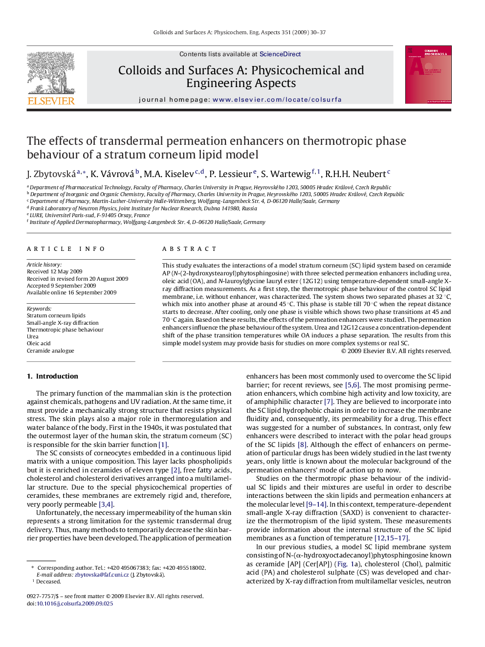 عکس صفحه اول مقاله: The effects of transdermal permeation enhancers on thermotropic phase behaviour of a stratum corneum lipid model The effects of transdermal permeation enhancers on thermotropic phase behaviour of a stratum corneum lipid model