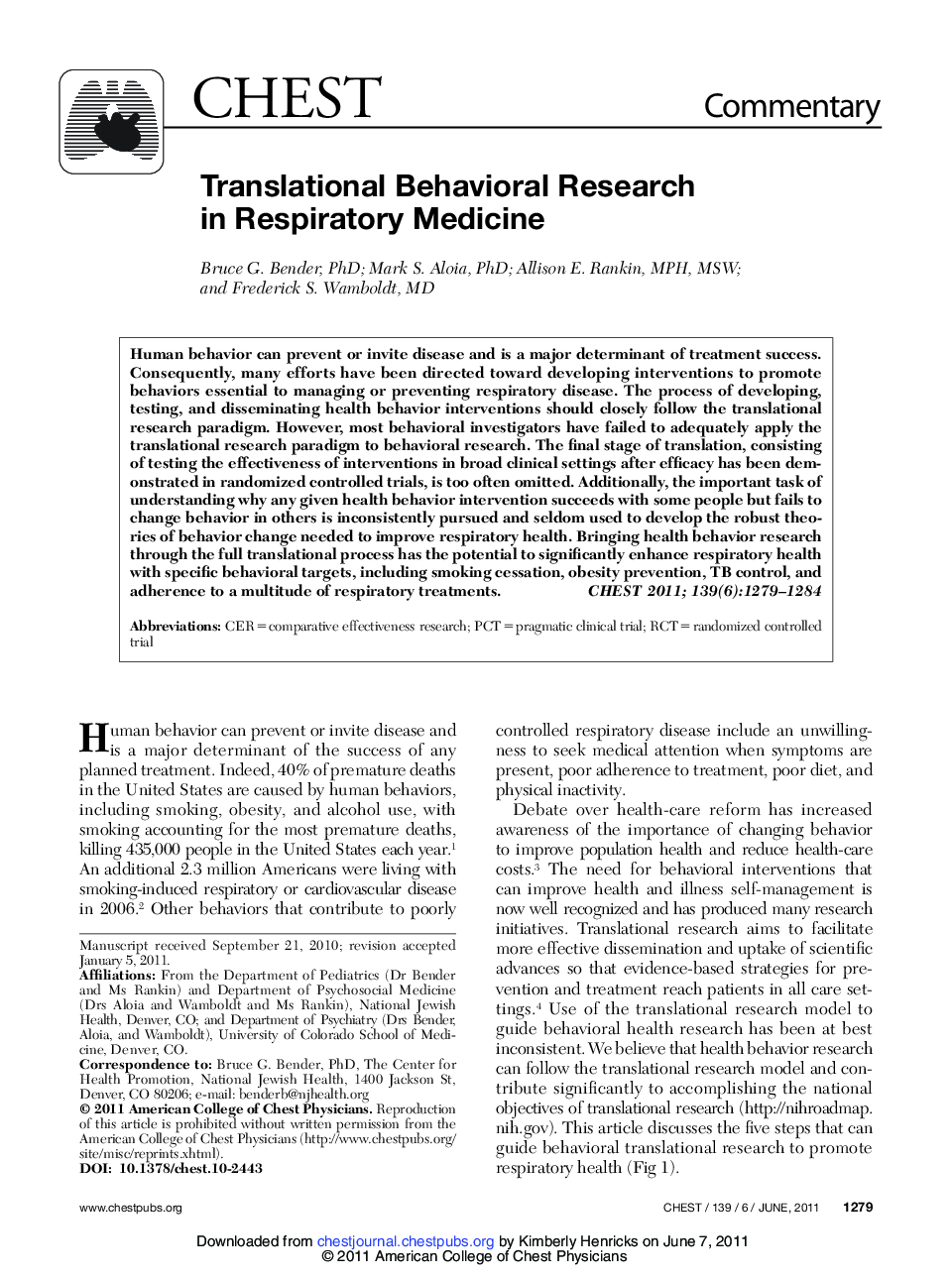 عکس صفحه اول مقاله: Translational Behavioral Research in Respiratory Medicine Translational Behavioral Research in Respiratory Medicine