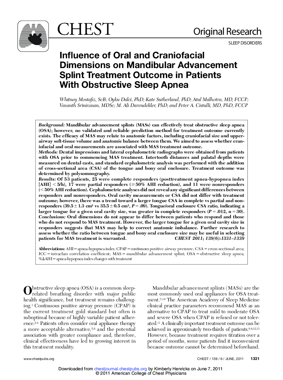 Influence of Oral and Craniofacial Dimensions on Mandibular Advancement Splint Treatment Outcome in Patients With Obstructive Sleep Apnea