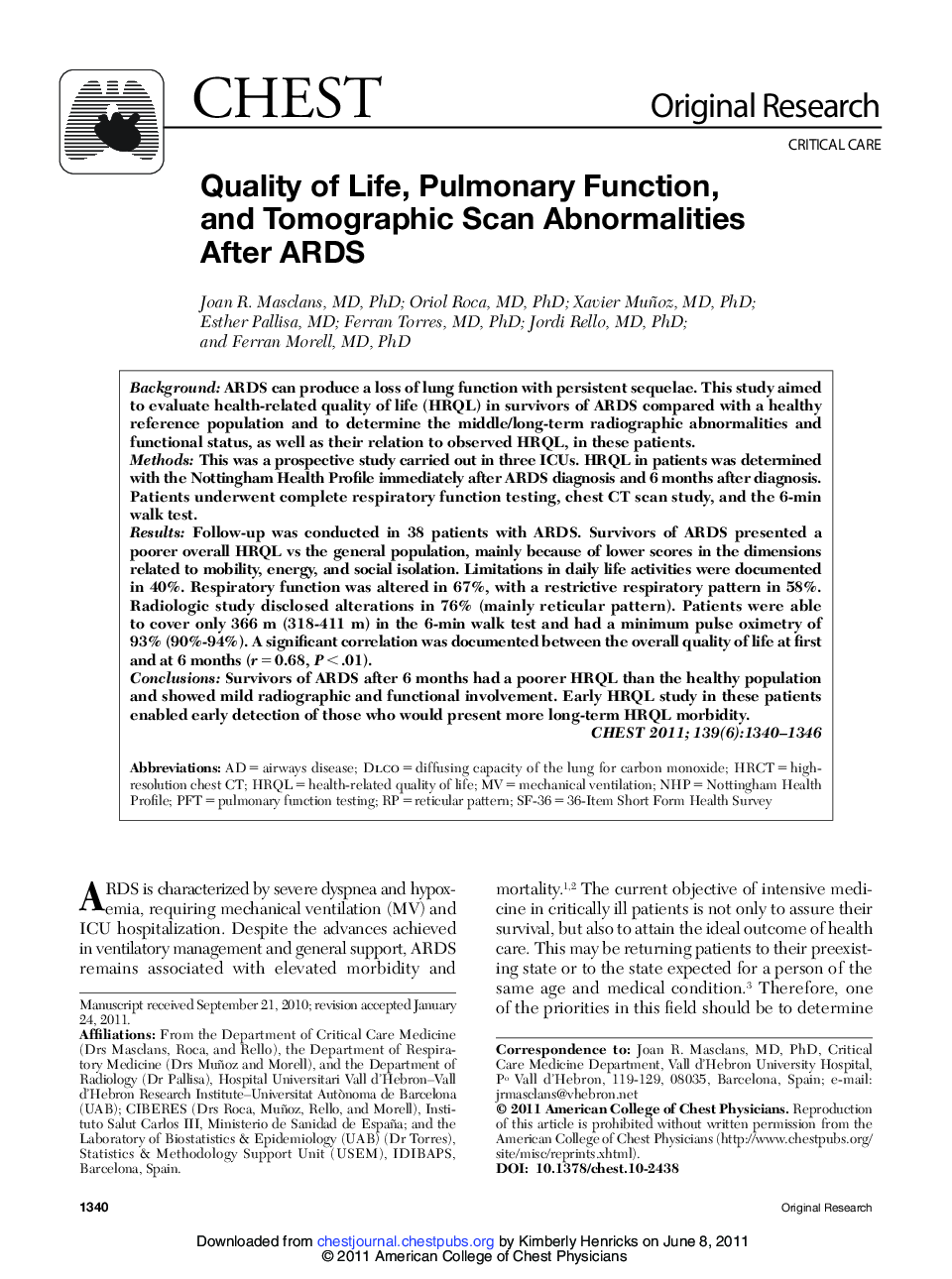 Quality of Life, Pulmonary Function, and Tomographic Scan Abnormalities After ARDS