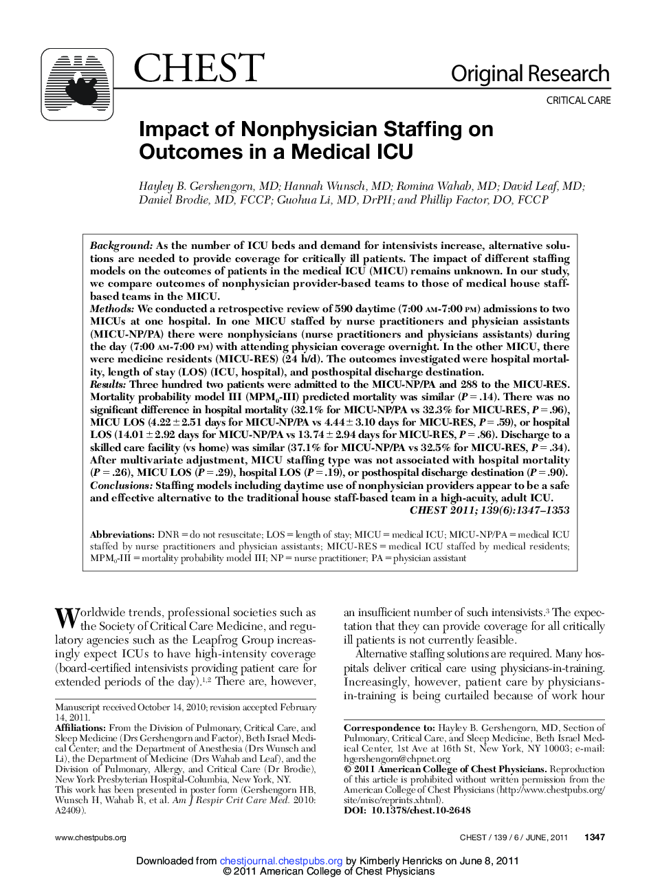عکس صفحه اول مقاله: Impact of Nonphysician Staffing on Outcomes in a Medical ICU Impact of Nonphysician Staffing on Outcomes in a Medical ICU