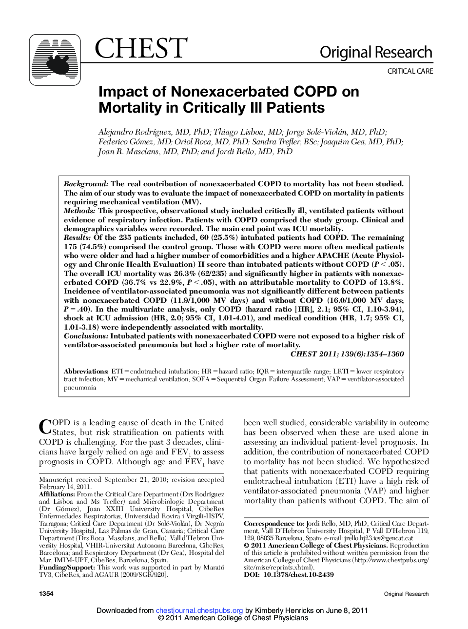 Impact of Nonexacerbated COPD on Mortality in Critically Ill Patients